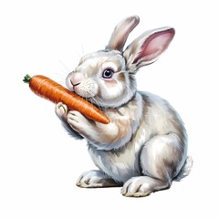 A digital painting showcases a plush satin rabbit delicately nibbling on a vibrant orange carrot
