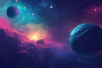 A vibrant cosmic scene featuring planets nebula and stars in a colorful space illustration art