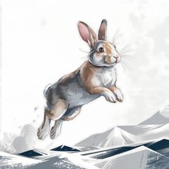 A digital painting depicts a Dutch rabbit in mid-air during a jump, set against a pristine white backdrop