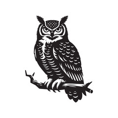 Great Horned Owl Bird Vector Silhouette, Majestic Nocturnal Bird, Owl Design, Powerful Avian Outline, Nature-Inspired Wildlife Art.