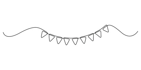 One continuous line drawing of party garland sketch. Hand drawn elements. Isolated on white background vector illustration