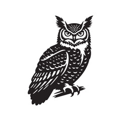 Great Horned Owl Bird Vector Silhouette, Majestic Nocturnal Bird, Owl Design, Powerful Avian Outline, Nature-Inspired Wildlife Art.