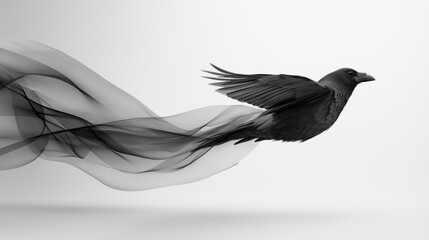 Fototapeta premium A graceful bird in motion, surrounded by flowing black smoke elements.