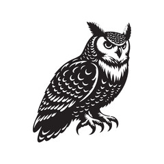 Great Horned Owl Bird Vector Silhouette, Majestic Nocturnal Bird, Owl Design, Powerful Avian Outline, Nature-Inspired Wildlife Art.