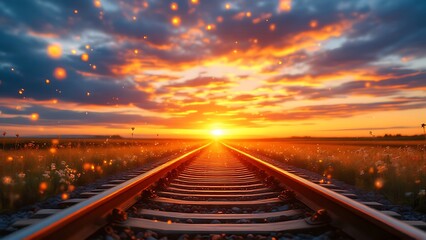 Railroad tracks glowing at sunset with flying sparks, creating a dramatic and cinematic atmosphere. Warm light and metal textures emphasize motion, journey, and industrial energy
