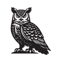 Great Horned Owl Bird Vector Silhouette, Majestic Nocturnal Bird, Owl Design, Powerful Avian Outline, Nature-Inspired Wildlife Art.
