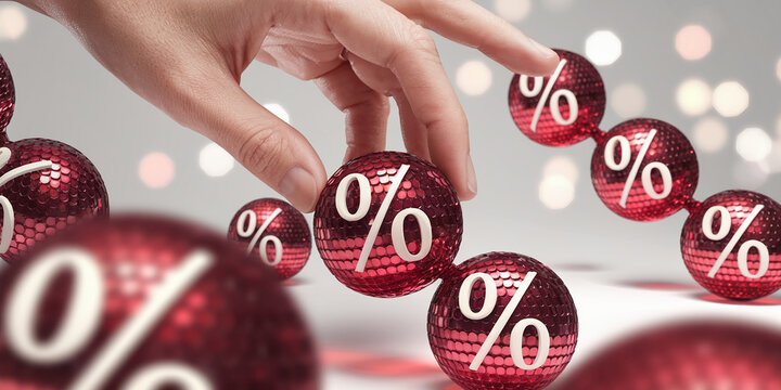 Hand interacting with red sparkly spheres showing percentage signs, bokeh background suggesting sale or discount concept