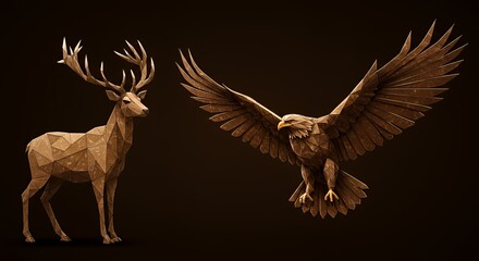 Majestic Low-Poly Deer and Eagle: A Brown Symphony of Wildlife