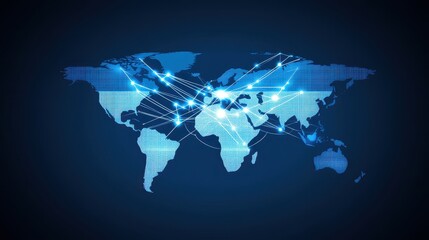 Futuristic world map digital network connectivity technology abstract background for global business expansion and international collaboration