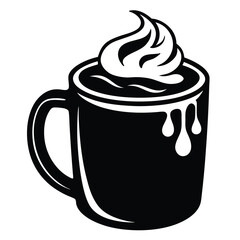 Black mug brimming with frothy whipped cream and drips offers a sweet treat