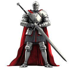 A Cartoon Knight in Shining Armor Silver and Crimson with Sword and Red Cloak Isolated on Transparent Background