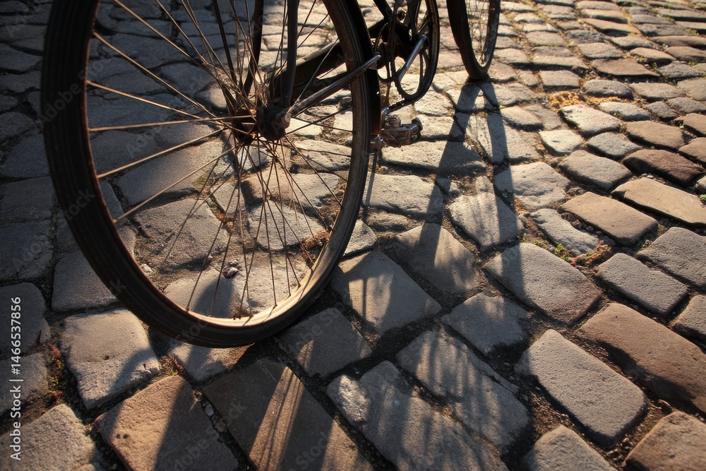 Aufkleber vintage bicycle wheel casting intricate shadow on cobblestone street during golden hour light genera