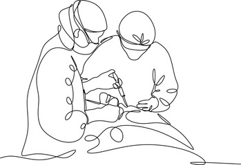 One continuous single line drawing of a group of surgeons performing surgery on a critically ill patient. Doctor's Day. Vector illustration