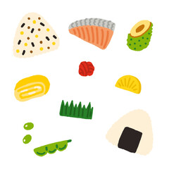 和風のお弁当　イラスト　アイコン　セット　かわいい　手書き