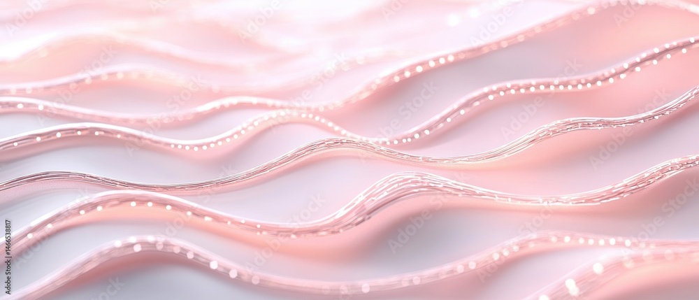 Poster wavy rose lines on white surface. glowing dots tracing the path. soft light and gentle curves. abstr