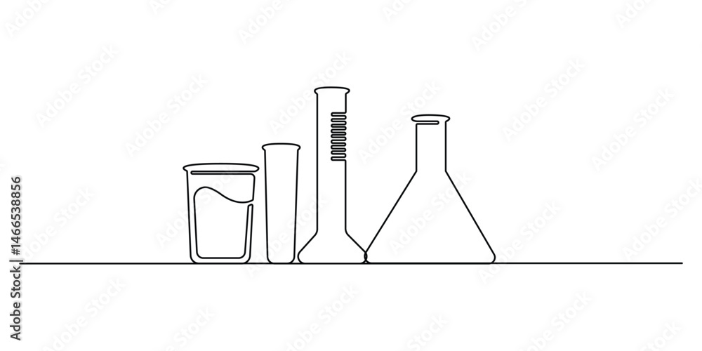 Poster continuous single line drawing of laboratory test tubes. laboratory equipment set in one continuous 