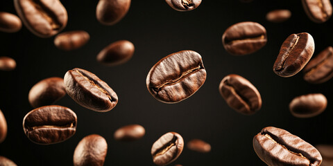 Coffee beans floating in air against a dark background creating a dynamic and engaging atmosphere