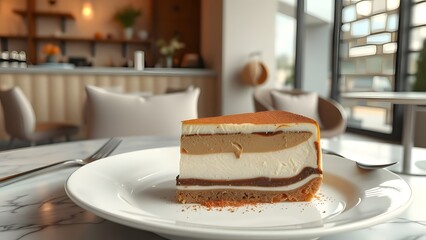 A delicious slice of layered cheesecake on a white plate in a cafe setting