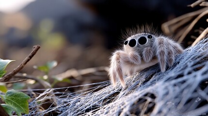 Cute jumping spider on a web