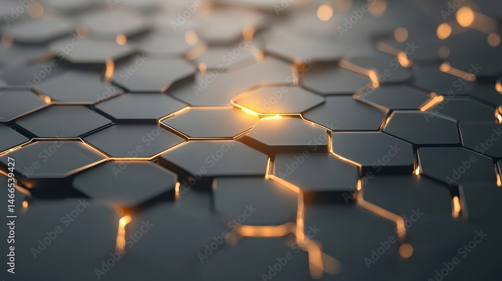 Poster dark gray hexagons arranged in a pattern. bright orange light illuminates the edges of the geometric