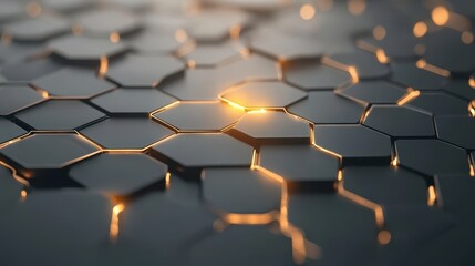 Obraz premium Dark gray hexagons arranged in a pattern. Bright orange light illuminates the edges of the geometric shapes. Focus is soft and blurry.