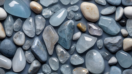 Polished blue quartz, opal, and topaz stones. Ideal for wellness themes, spa backgrounds, crystal healing, and natural textures in product packaging or website design.