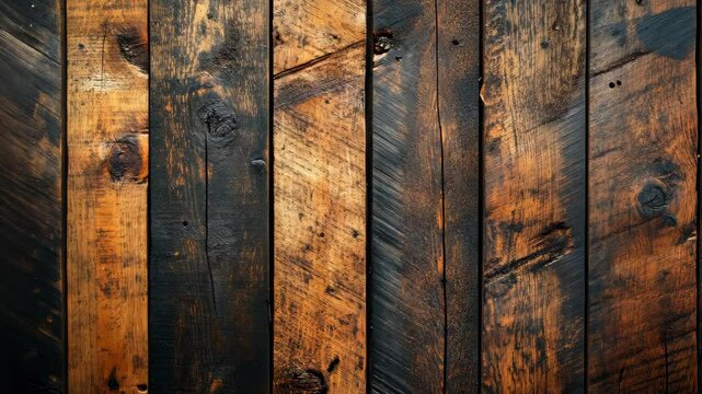 Reclaimed wood planks, dark brown and orange hues, various textures, showing knots and nail holes