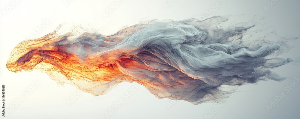 Poster abstract colorful smoke swirl, blending hues of orange and gray, creating dynamic motion.