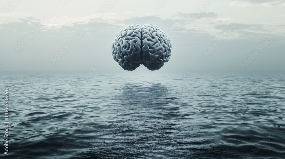 Poster a surreal image of a brain floating above calm ocean waters under a cloudy sky.