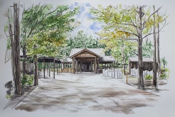 Serene Landscape Featuring Building with Overhangs and Verdant Trees in Watercolor Style