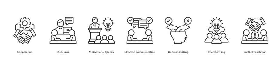 Collaborative Communication web banner icon sheet vector cooperation, discussion, motivational speech, effective communication, decision making, brainstorming, conflict resolution