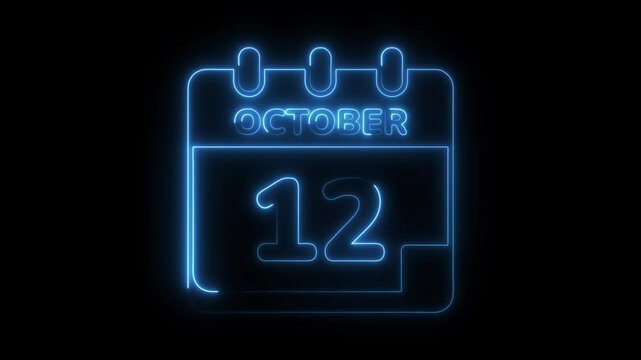 October 12 neon calendar icon animation on dark background for dates and events