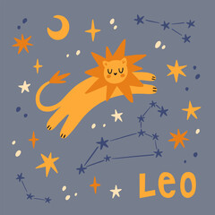 Children illustration. Sleeping lion flying in night sky. Leo constellation. Vector cartoon print with cats and stars. 