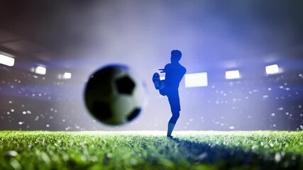Silhouette of professional soccer player scoring a free kick with ball in illuminated stadium. - Powered by Adobe