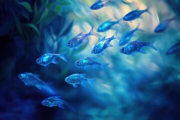 A school of luminous blue fish gracefully swims through a vibrant underwater environment.