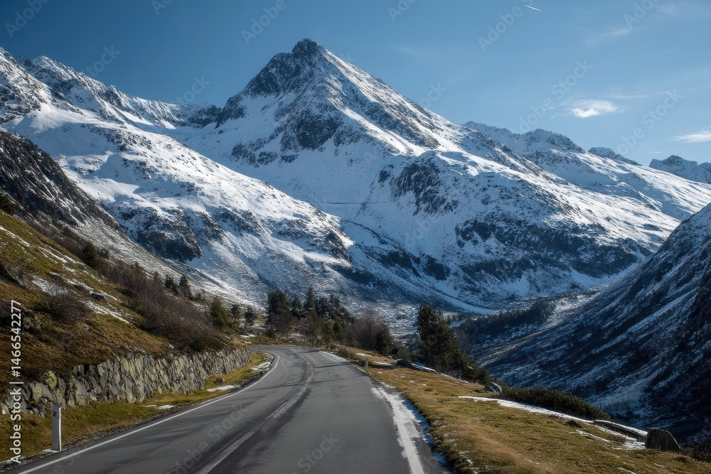 Poster snowy mountain pass with clear road winding through picturesque peaks at midday generative ai