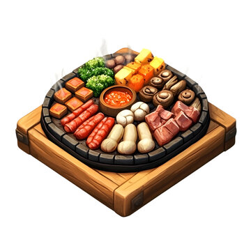 Digital illustration of a diverse array of cooked foods, arranged on a round, hotplate resting on a wooden surface.  Steam rises from the food, creating an inviting presentation.