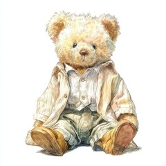 Whimsical Teddy Bear in Overalls and Shirt Attire with Button Details and Appealing Vintage Charm