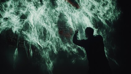 Silhouette of a person interacting with a dynamic, ethereal, green-tinted display of swirling, abstract flames