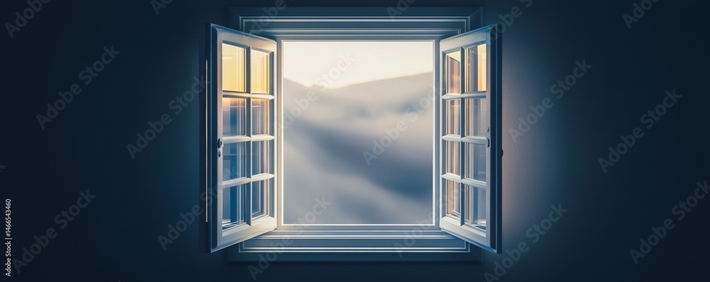 Poster a serene view through an open window showcasing soft morning light and distant hills.