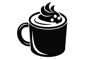 The mug containing delicious cream and toppings is illustrated in black and white