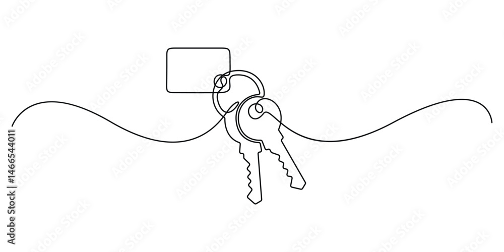 Poster single line drawing of a house with a key, set of keys against white background, continuous one line