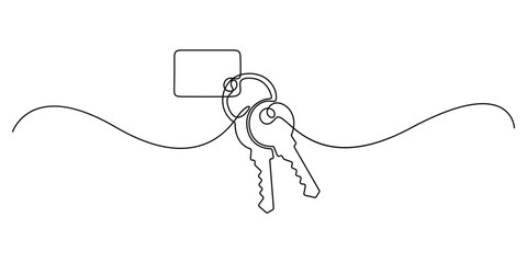 Obraz premium Single line drawing of a house with a key, Set of keys against white background, Continuous one line art drawing symbol of house keys, Real estate line icon vector design, Continuous one line key