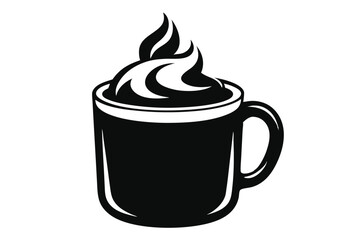 Black mug containing whipped cream exhibits a minimalist monochrome appearance, standing against a white background