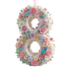 Colorful Floral Number Eight Cake with Decorative Flowers and Mushrooms on a Black Background