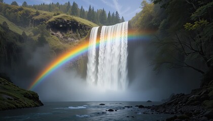 Fototapeta premium Majestic Waterfall with a Rainbow Cascading Down a Lush Mountainside