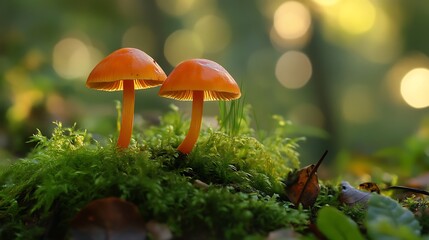 Delicate orange mushrooms nestled in moss gleam in the forest's light.
