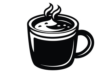 A steaming dark coffee mug conveys warmth and simplicity with its clean monochrome lines