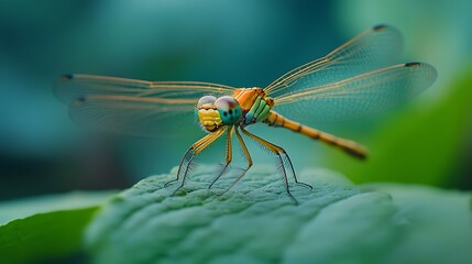 Dragonfly portrait on a leaf.