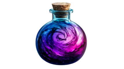 Bottle Filled with Flowing Liquid Swirls of Blue, Purple, Pink, cut out transparent